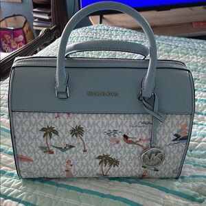 Michael Kors Light Blue MK Signature Beach Print Satchel EUC